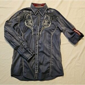 ROAR Signature Embroidered Mens Long‎ Sleeve Button Up Distressed Shirt Medium